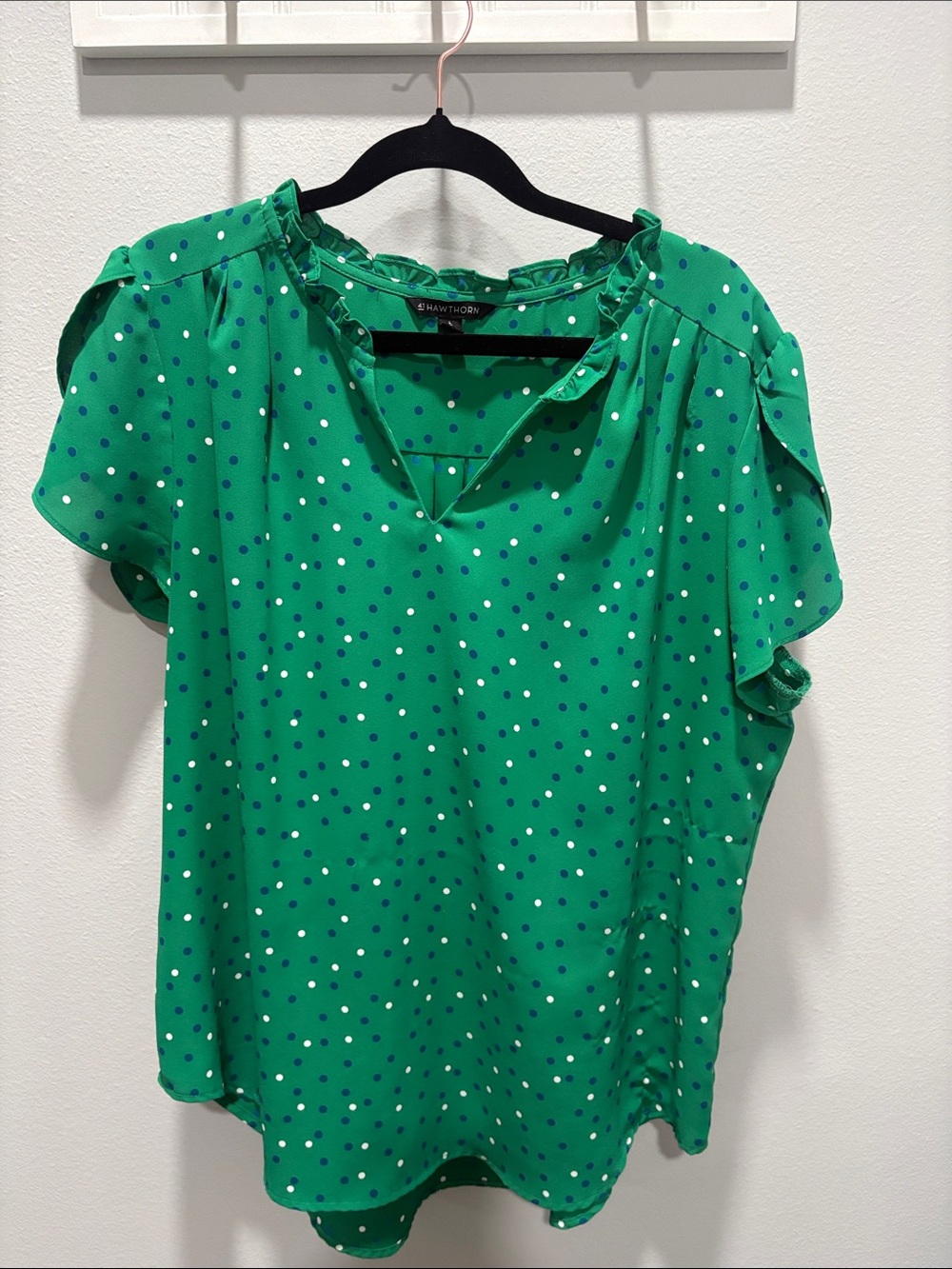 41 Hawthorn Green Polka Dot Ruffle Neck Blouse